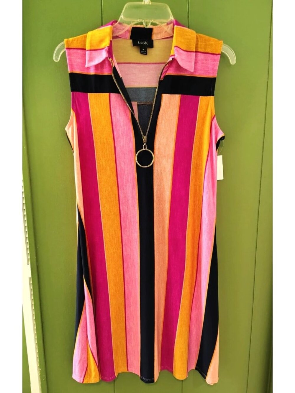 Multicolor Stripe Shift Dress Sz M 1/4 Zip Sleeveless Stretch Knit Casual Cruise